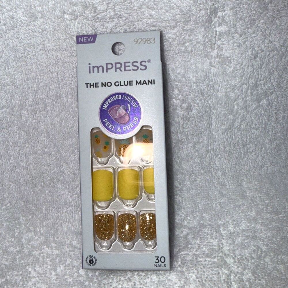 KISS imPRESS Press On Nails Sun Daze Women Yellow Pineapple Summer Short Square - Picture 2 of 4